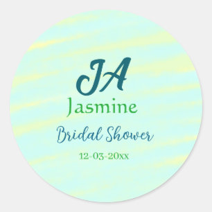 Green blue pastel watercolor bridal shower name da classic round sticker