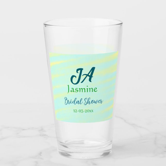 Green blue pastel watercolor bridal shower name da glass (Front)