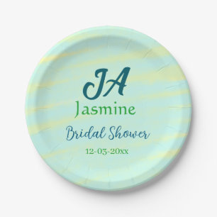 Green blue pastel watercolor bridal shower name da paper plate