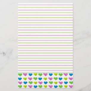 Green Blue Pastel Watercolor Hearts Lined Stationery
