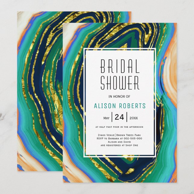 Green, blue, peach agate, gold foil bridal shower invitation (Front/Back)