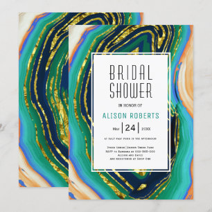 Green, blue, peach agate, gold foil bridal shower invitation