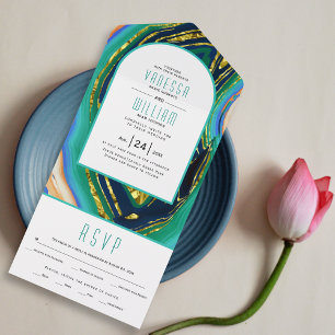 Green, blue, peach agate, gold foil geode wedding all in one invitation
