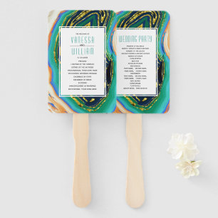 Green, blue, peach agate gold foil wedding program hand fan
