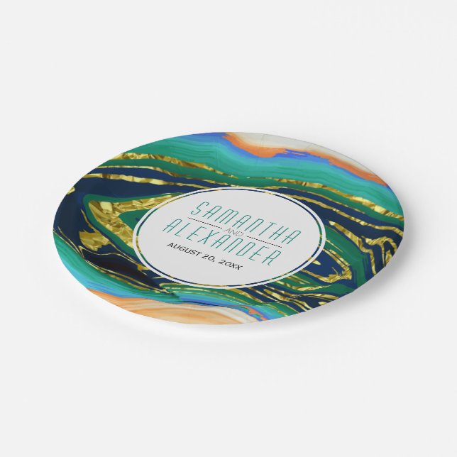 Green, blue, peach  gold foil agate, frame wedding paper plate (Angled)