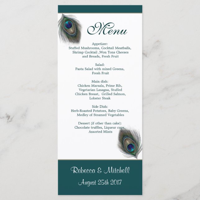 Green blue peacock feathers Menu  Rack Card (Front)