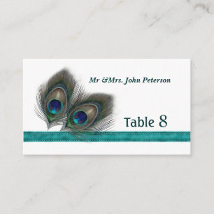 Green blue peacock feathers Place card