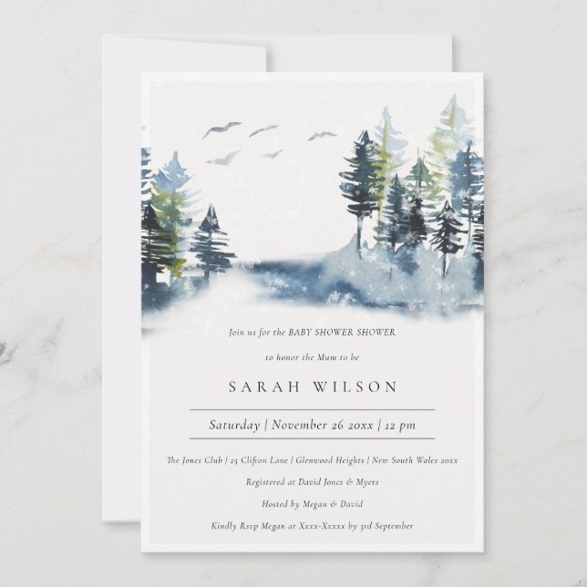 Green Blue Pine Forest Birds Baby Shower Invite (Front)