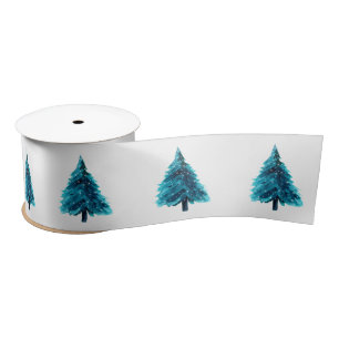 Green Blue Pine Tree Christmas Satin Ribbon