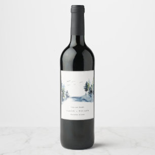 Green Blue Pine Woods Forest Birds Thanks Wedding Wine Label
