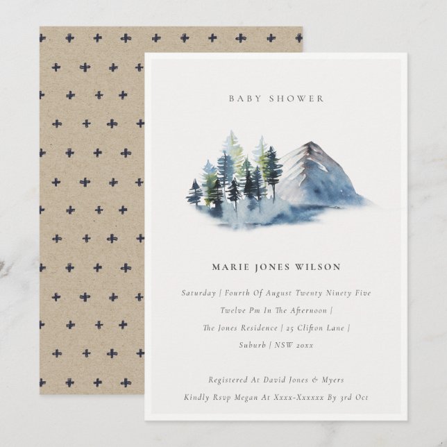 Green Blue Pine Woods Mountain Baby Shower Invite (Front/Back)