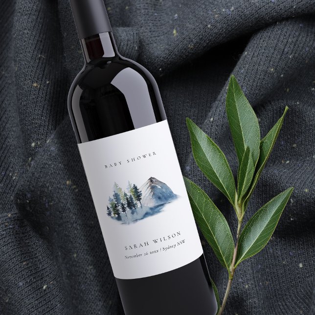 Green Blue Pine Woods Mountain Baby Shower Wine Label (Creator Uploaded)
