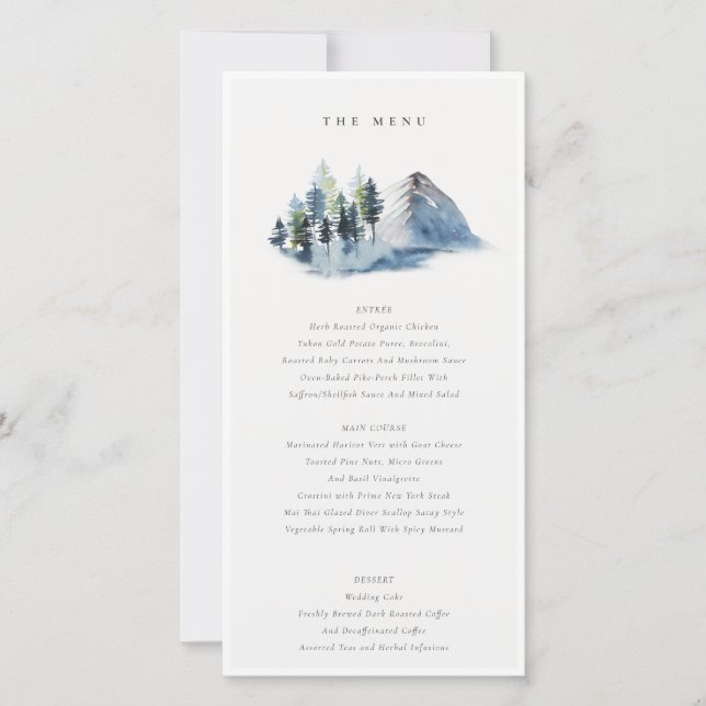 Green Blue Pine Woods Mountain Wedding Menu Card (Front)