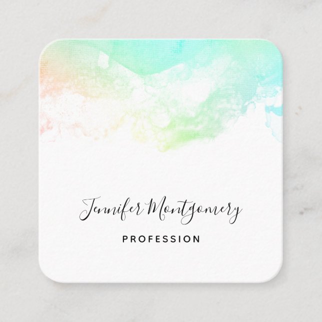 Green Blue & Pink Abstract Watercolor Swirls Square Business Card (Front)