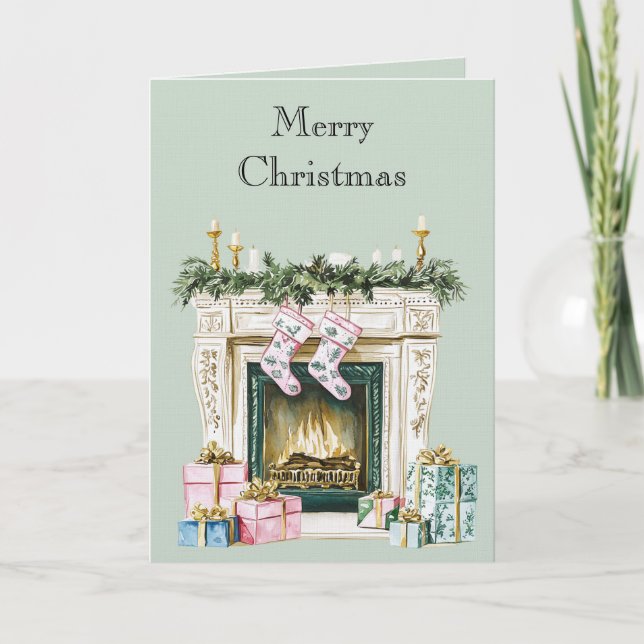 Green Blue Pink Christmas Fireplace Stockings Card (Front)