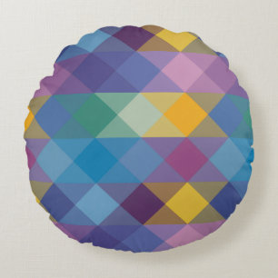 green, blue, pink, yellow and purple geometric round cushion