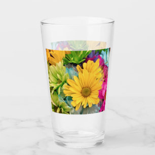 Green Blue Pink Yellow Daisies Glass