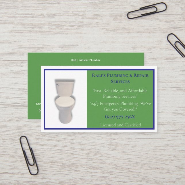 Green Blue Plumber Plumbing Services Toilet  Business Card (Front/Back In Situ)