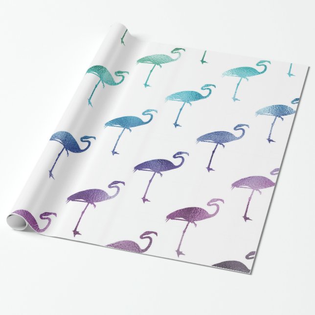 Green Blue Purple Flamingo Watercolor Tropical Wrapping Paper (Unrolled)