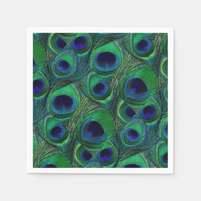 Green, Blue, Purple Peacock Feather Paper Napkins (Front)