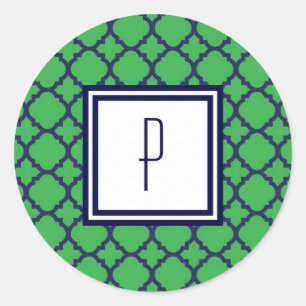 Green Blue Quatrefoil Monogram Stickers
