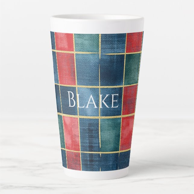 Green Blue Red Gold Plaid Stripes Latte Mug (Front)