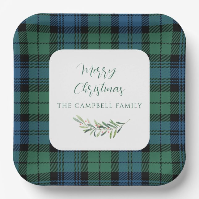Green Blue Rustic Plaid Christmas Holiday Tartan Paper Plate (Front)