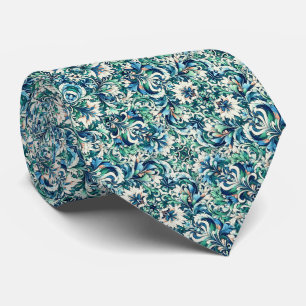 Green, Blue, Salmon & Cream Floral & Swirl Pattern Tie