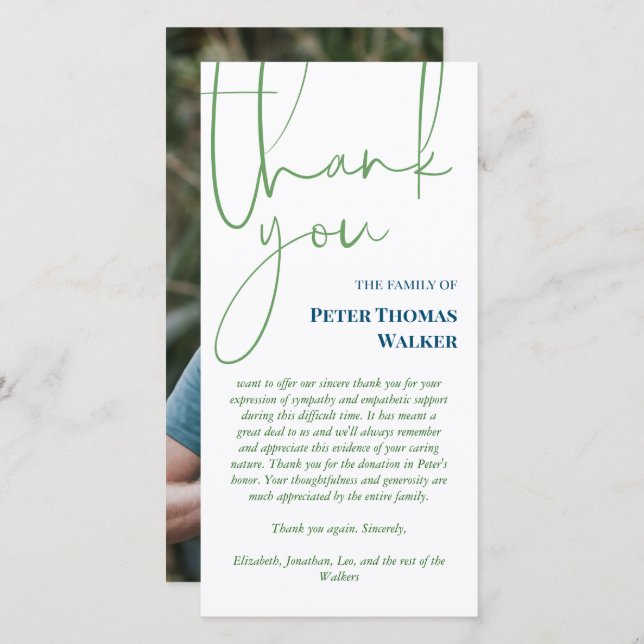 Green Blue Script & Photo Funeral Thank You (Front/Back)