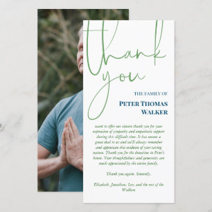Green Blue Script & Photo Funeral Thank You Card