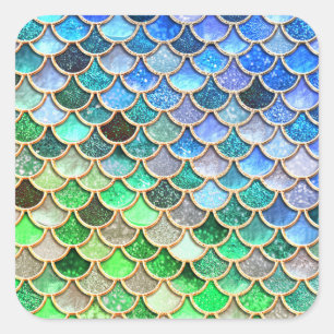 Green Blue Shiny Ombre Glitter Mermaid Scales Square Sticker