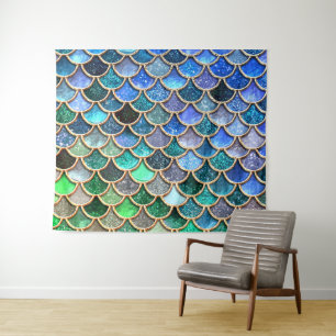 Green Blue Shiny Ombre Glitter Mermaid Scales Tapestry