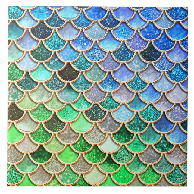 Green Blue Shiny Ombre Glitter Mermaid Scales Tile (Front)