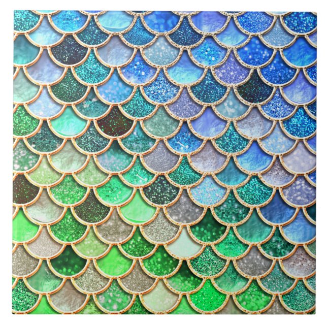 Green Blue Shiny Ombre Glitter Mermaid Scales Tile (Front)