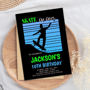 Green Blue Skateboards Birthday Invitations