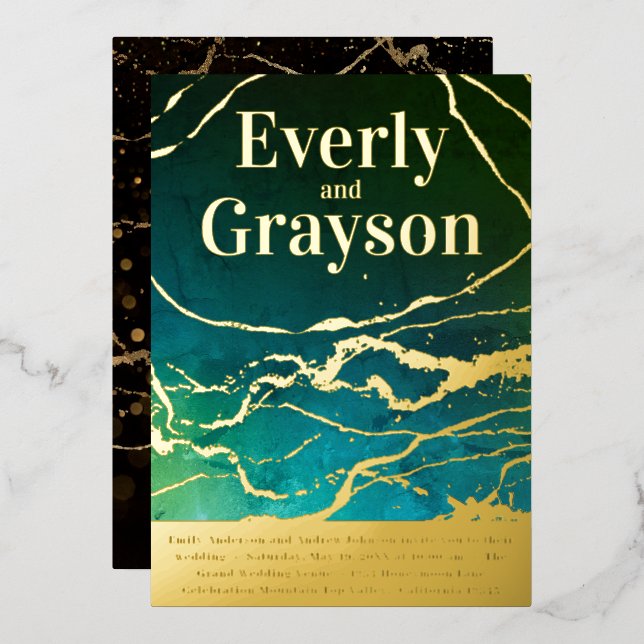 Green Blue Sky Galaxy Marble Gold Wedding     (Front/Back)