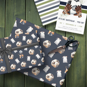 Green Blue Sports Themed Football Soccer Birthday Wrapping Paper