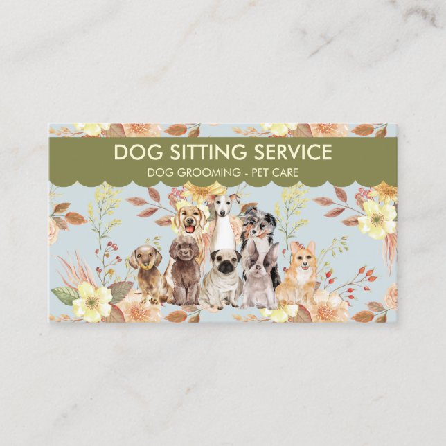 Green Blue Spring Flowers Watercolor Dogs Business Card (Front)