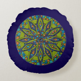 Green/Blue Starburst Mandala Round Throw Pillow