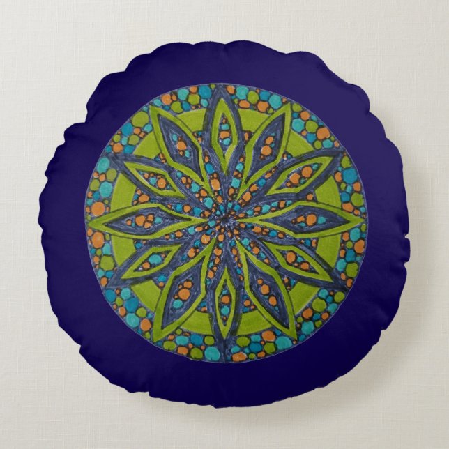 Green/Blue Starburst Mandala Round Throw Pillow (Front)