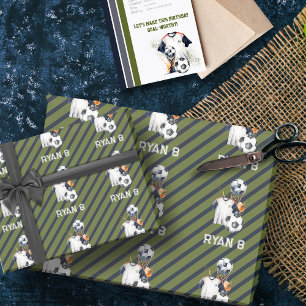 Green Blue Striped Soccer Sports Game Party Wrapping Paper