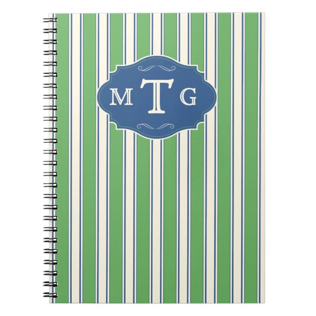 Green Blue Stripes Classic 3 Letter Monogram Notebook (Front)
