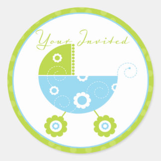Green & Blue Stroller Your Invited Classic Round Sticker