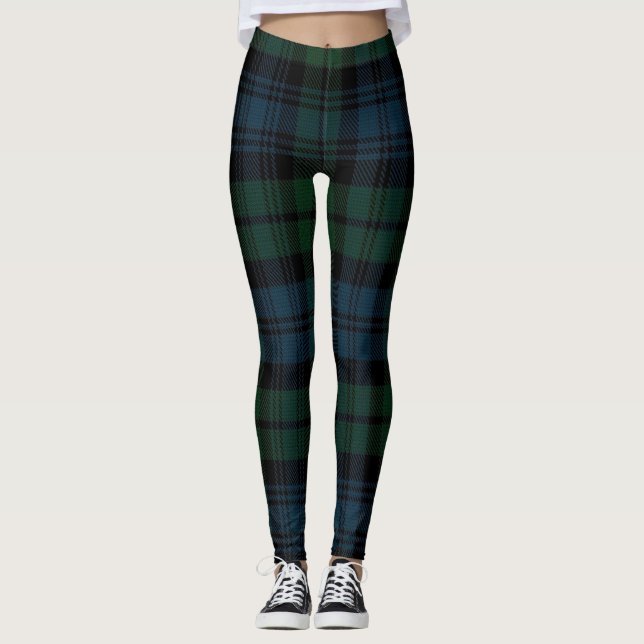 Green Blue TARTAN Plaid LEGGINGS For Women (Front)