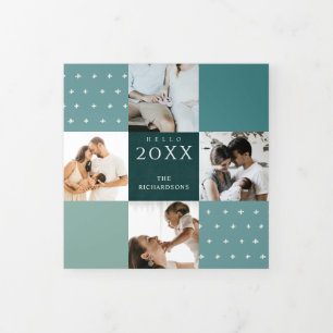 Green Blue Teal Plaid 7 Photo Hello 2022 New Year Tri-Fold Holiday Card
