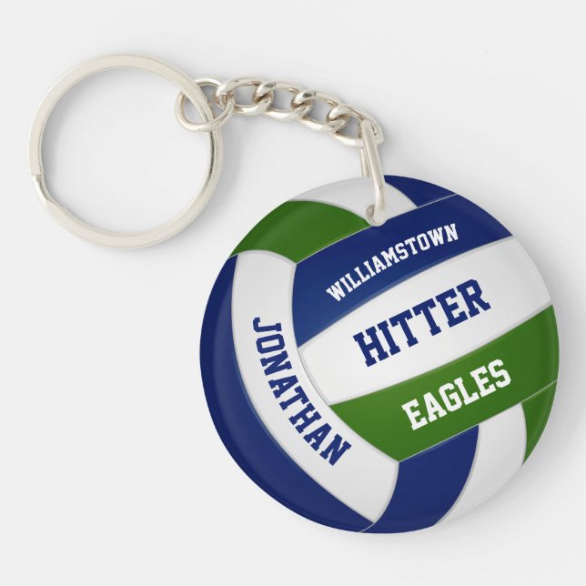 Green blue team colours personalised volleyball key ring (Front)