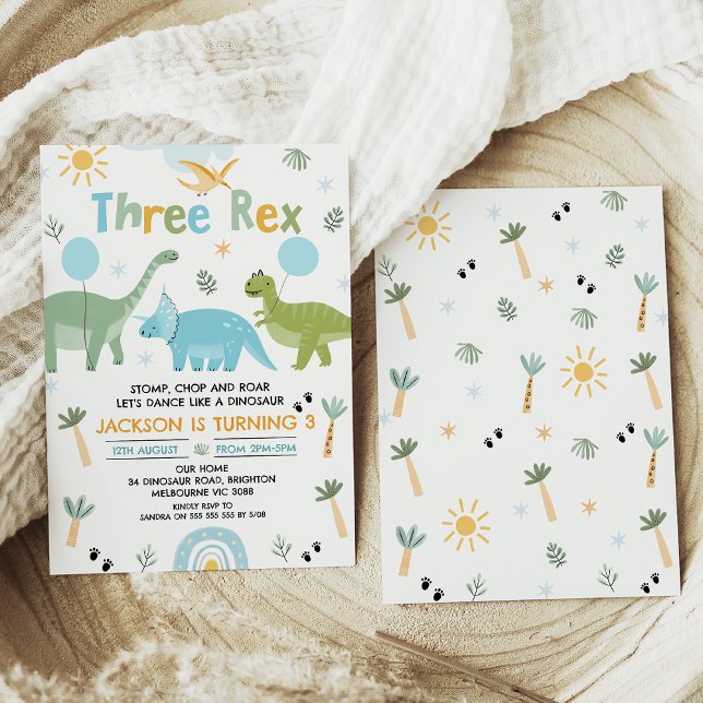 Green Blue Three Rex Dinosaur 3rd Birthday  Invitation (Three Rex Dinosaur 3rd Birthday Invitation, Boys Dinosaur 3rd Birthday Invitation, Dino Themed Party)
