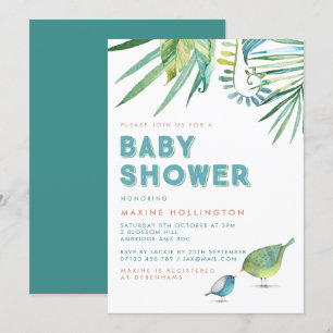 Green & Blue Tropical Birds Watercolor Baby Shower Invitation