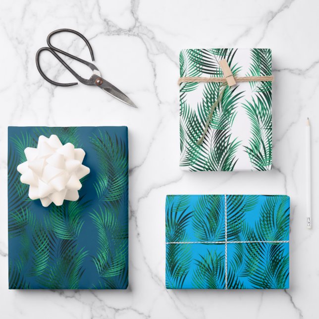 Green Blue Tropical Leaves Wrapping Paper Sheet (Front)