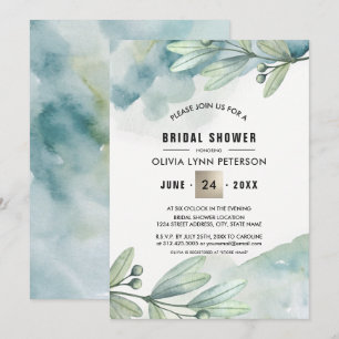 Green Blue Watercolor Berry Branch Bridal Shower Invitation